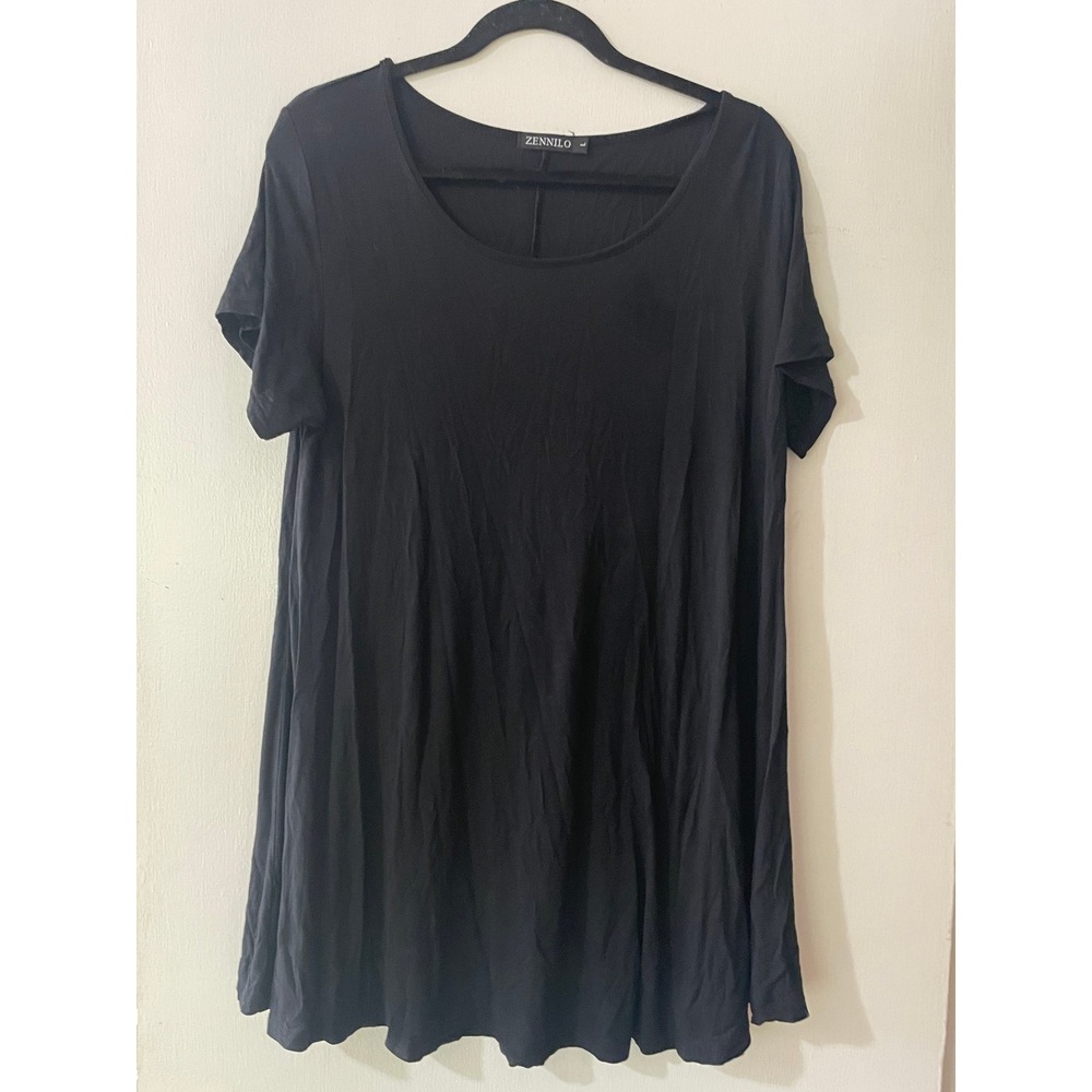 Zennilo Womens Black Short Sleeve Scoop Neck Swing Dress Size L‎